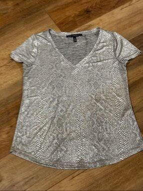 White House Black Market Silver Metallic V-Neck Short Sleeve Tee
